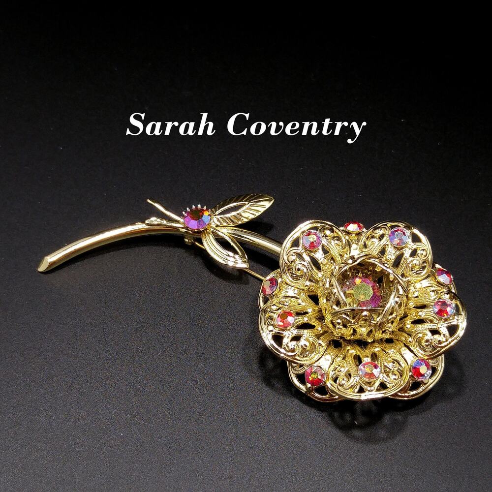 Vintage Sarah Coventry Rose Brooch Red AB Rhinestone Gold Tone
